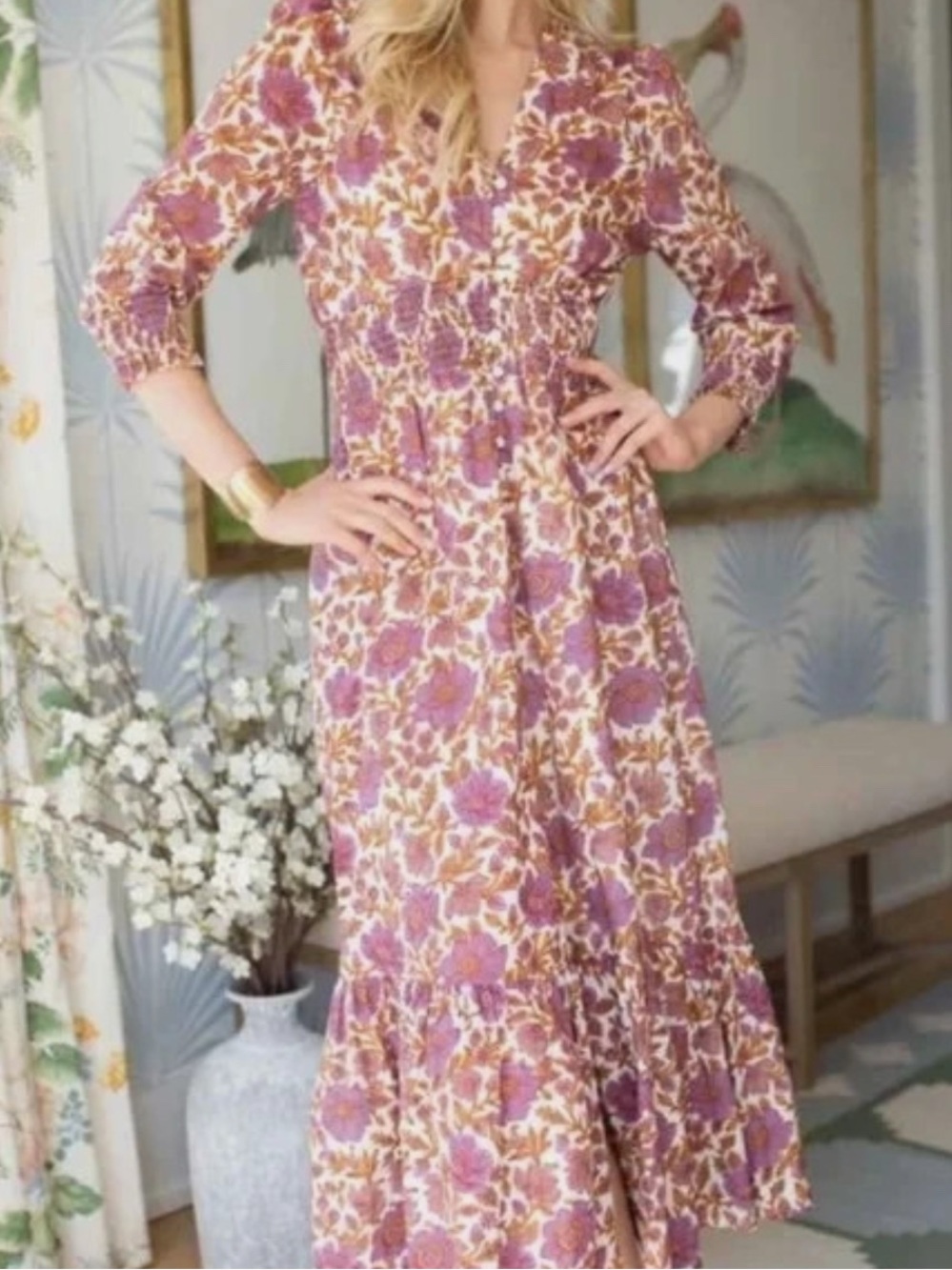 Marea by Liz Joy Francesca Maxi Dress Lilac Orsay Purple Floral Boho Smocked S
